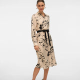 Boutique women's long-sleeve floral shirt dress with black waist tie for sophisticated work, dinner and special occasion styling.