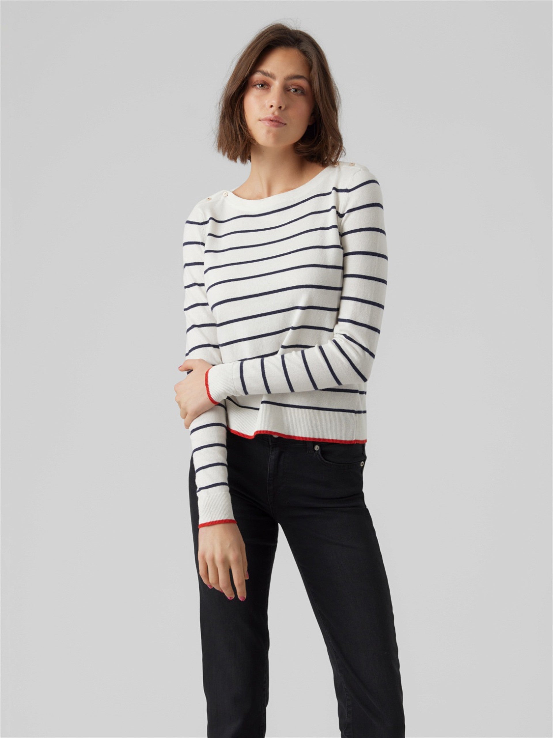 White knit sweater with Breton stripes and red trim designed for effortless coastal and casual outfits.