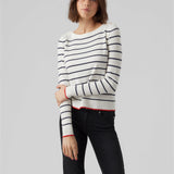 White knit sweater with Breton stripes and red trim designed for effortless coastal and casual outfits.