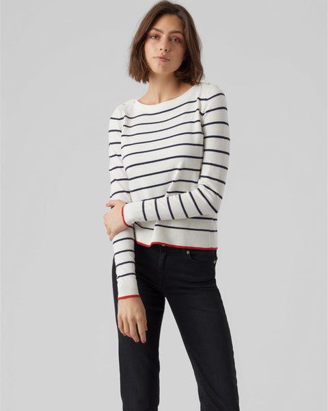 White knit sweater with Breton stripes and red trim designed for effortless coastal and casual outfits.