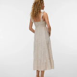Women's lightweight cream dress with elegant botanical jacquard pattern, flowing midi length, and timeless resort-inspired styling.