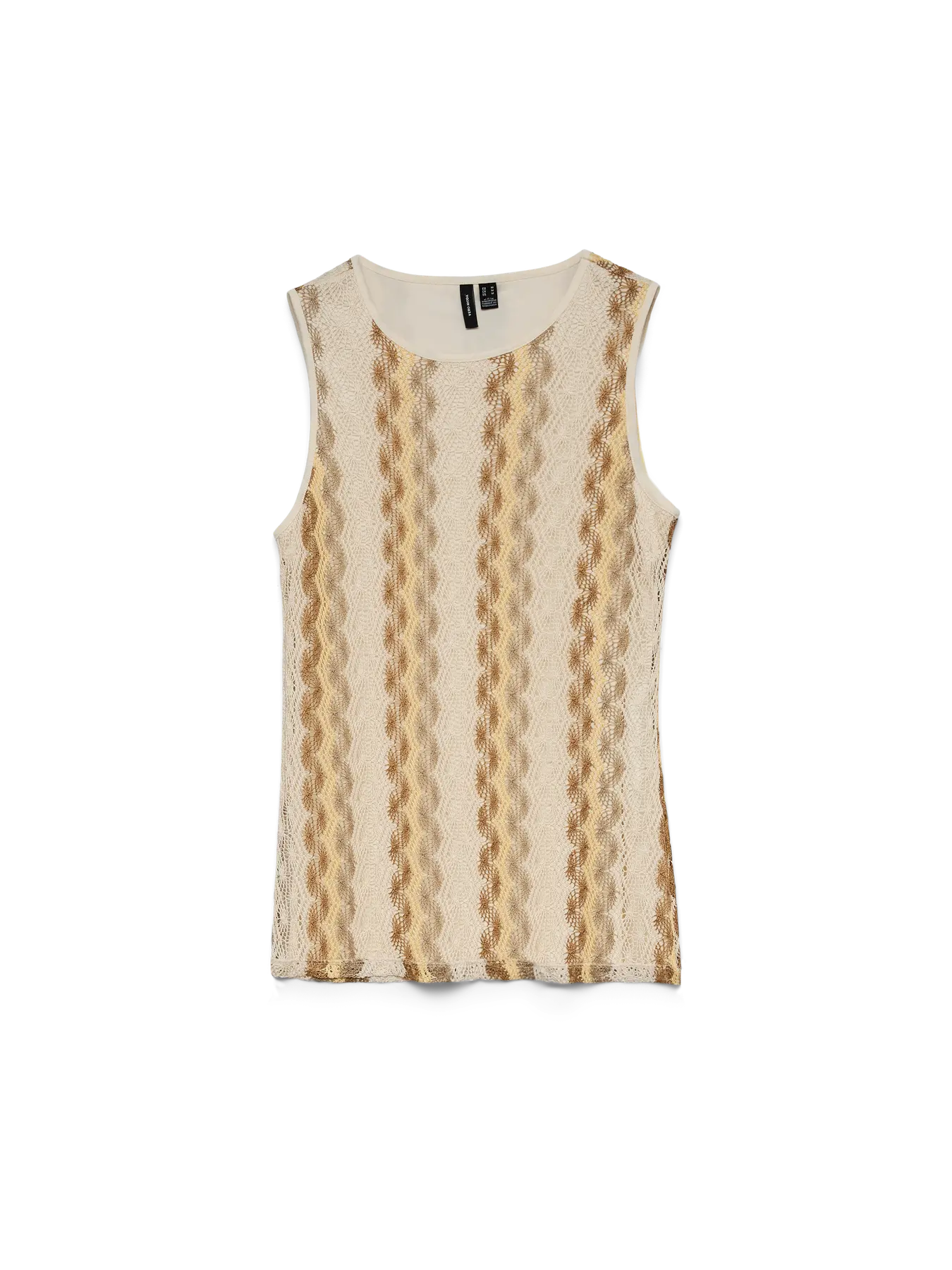 Women's cream textured knit tank top with camel wave stripes, sleeveless silhouette and lightweight fabric for resort wear and summer styling.