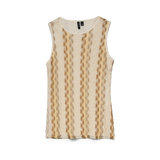 Women's cream textured knit tank top with camel wave stripes, sleeveless silhouette and lightweight fabric for resort wear and summer styling.