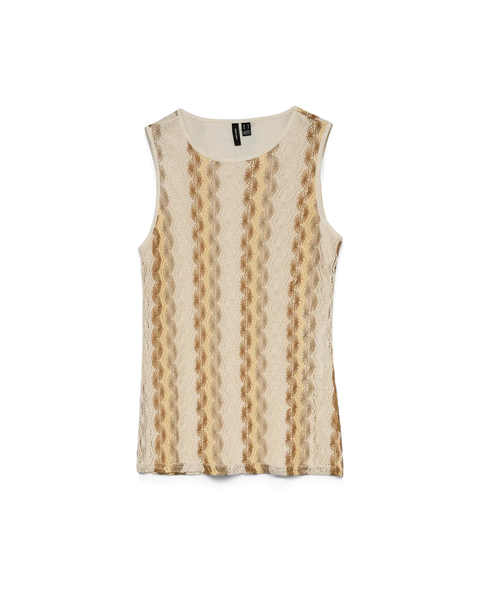 Women's cream textured knit tank top with camel wave stripes, sleeveless silhouette and lightweight fabric for resort wear and summer styling.