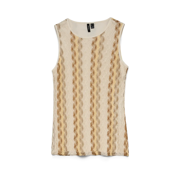 Women's cream textured knit tank top with camel wave stripes, sleeveless silhouette and lightweight fabric for resort wear and summer styling.