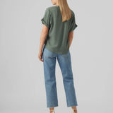 Women's relaxed fit green blouse featuring short cuffed sleeves, split neck design and soft draping fabric for versatile everyday wear.