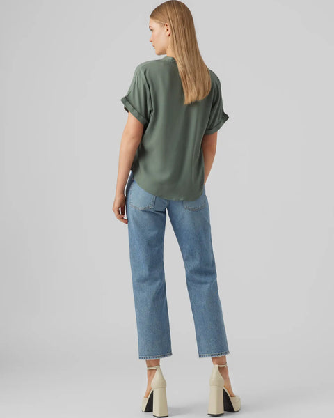 Women's relaxed fit green blouse featuring short cuffed sleeves, split neck design and soft draping fabric for versatile everyday wear.