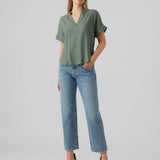 Boutique women's muted green V-neck blouse with rolled short sleeves and relaxed draped fit for sophisticated casual and office fashion.