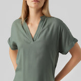 Boutique women's olive sage pullover blouse featuring a split neckline, cuffed sleeves and relaxed fit for business casual and travel outfits.