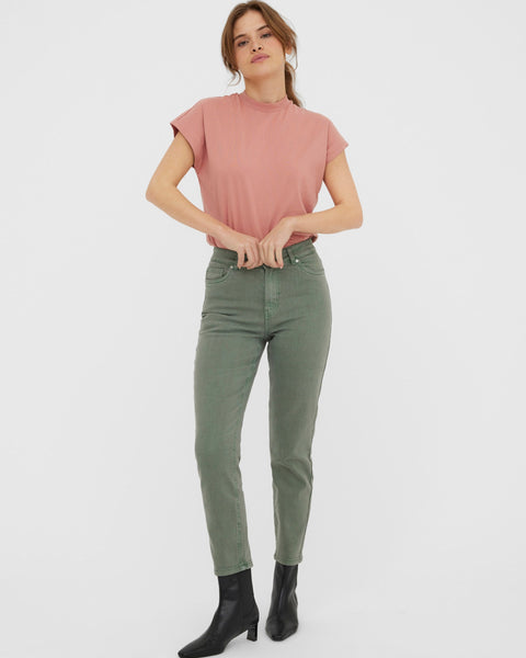 Women's cropped ankle jeans in sage green with classic five-pocket denim construction.