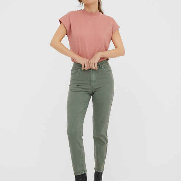 Women's cropped ankle jeans in sage green with classic five-pocket denim construction.
