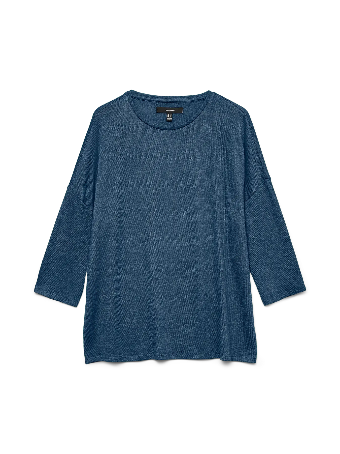 Women's blue lightweight sweater top featuring three-quarter sleeves, drop shoulders and a relaxed silhouette for casual layering and travel.