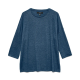 Women's blue lightweight sweater top featuring three-quarter sleeves, drop shoulders and a relaxed silhouette for casual layering and travel.