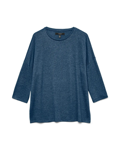 Women's blue lightweight sweater top featuring three-quarter sleeves, drop shoulders and a relaxed silhouette for casual layering and travel.