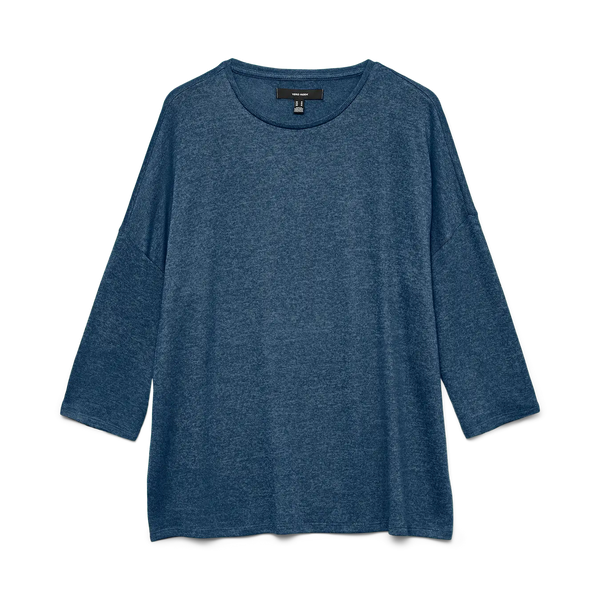 Women's blue lightweight sweater top featuring three-quarter sleeves, drop shoulders and a relaxed silhouette for casual layering and travel.