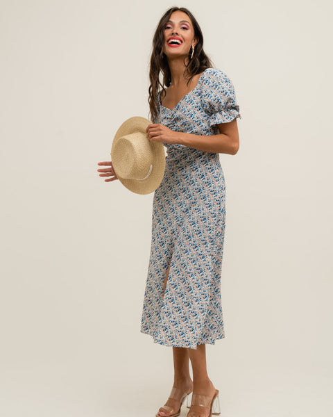 Chic floral midi dress with puff sleeves and lightweight fabric for warm-weather styling.