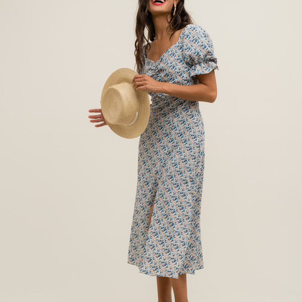 Chic floral midi dress with puff sleeves and lightweight fabric for warm-weather styling.