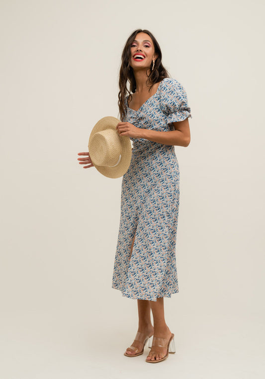 Chic floral midi dress with puff sleeves and lightweight fabric for warm-weather styling.