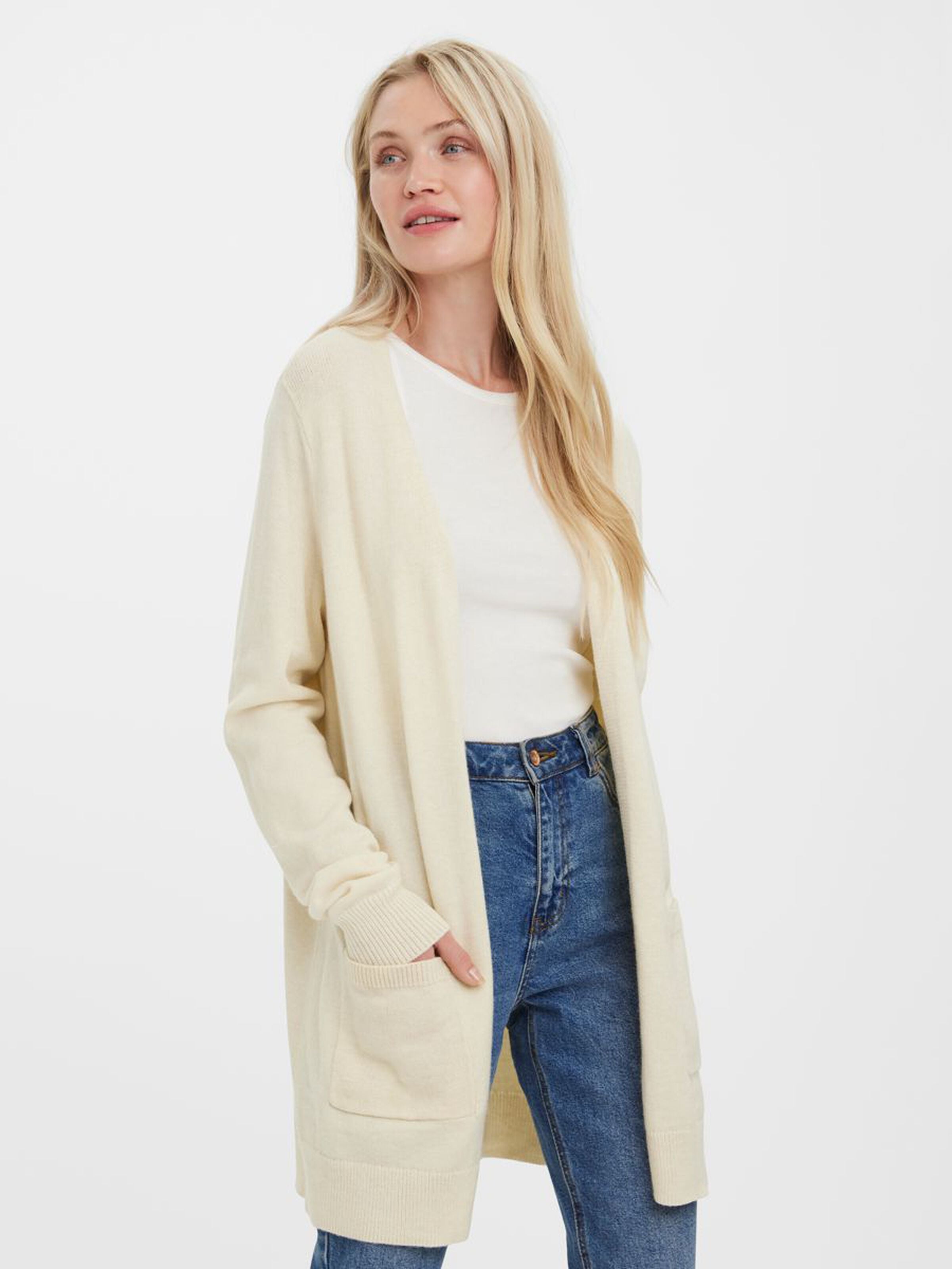 Women's neutral knit cardigan featuring a soft feel, open front design, and comfortable fit.