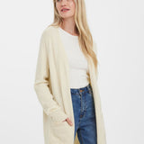Women's neutral knit cardigan featuring a soft feel, open front design, and comfortable fit.
