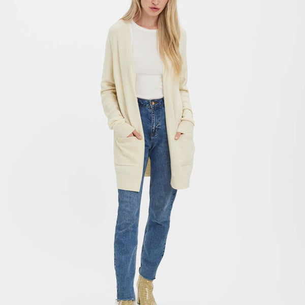 Soft ivory knit cardigan featuring a relaxed silhouette and practical pocket details.