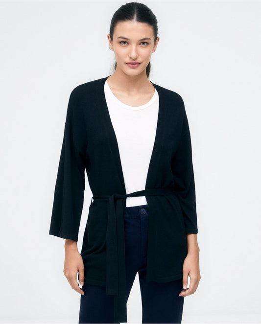 Black lightweight cardigan with waist tie detail and effortless contemporary fashion.