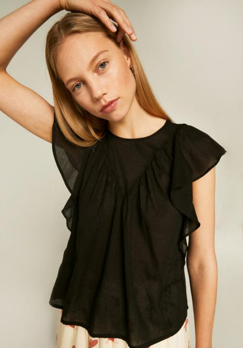 Lightweight black ruffle sleeve top perfect for office wear, evenings, and casual styling.
