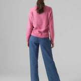 Women’s light pink crewneck sweater with relaxed fit and soft knit fabric for cozy everyday casual style.