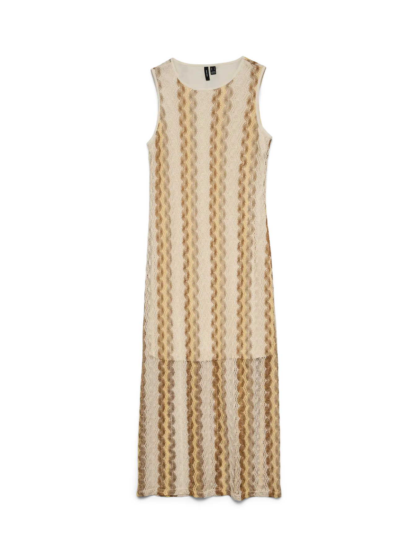 Boutique women's neutral striped sweater dress with sleeveless design, soft textured knit and flowing silhouette for beach holidays and summer evenings.
