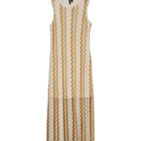 Boutique women's neutral striped sweater dress with sleeveless design, soft textured knit and flowing silhouette for beach holidays and summer evenings.