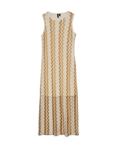 Boutique women's neutral striped sweater dress with sleeveless design, soft textured knit and flowing silhouette for beach holidays and summer evenings.