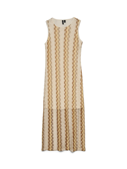 Flat laydown of beige and brown knitted patterned sleeveless  maxi dress on a white background.  Contemporary stylishness, play day at the beach