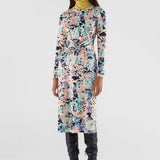 Elegant abstract print midi dress in pastel pink, lavender, teal, and black with figure-flattering ruched waist design.