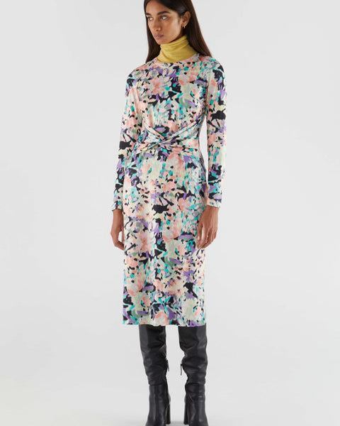 Elegant abstract print midi dress in pastel pink, lavender, teal, and black with figure-flattering ruched waist design.