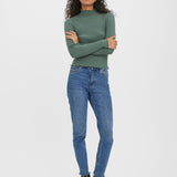 Women's stretch knit mock neck top with a flattering fitted silhouette and soft texture.