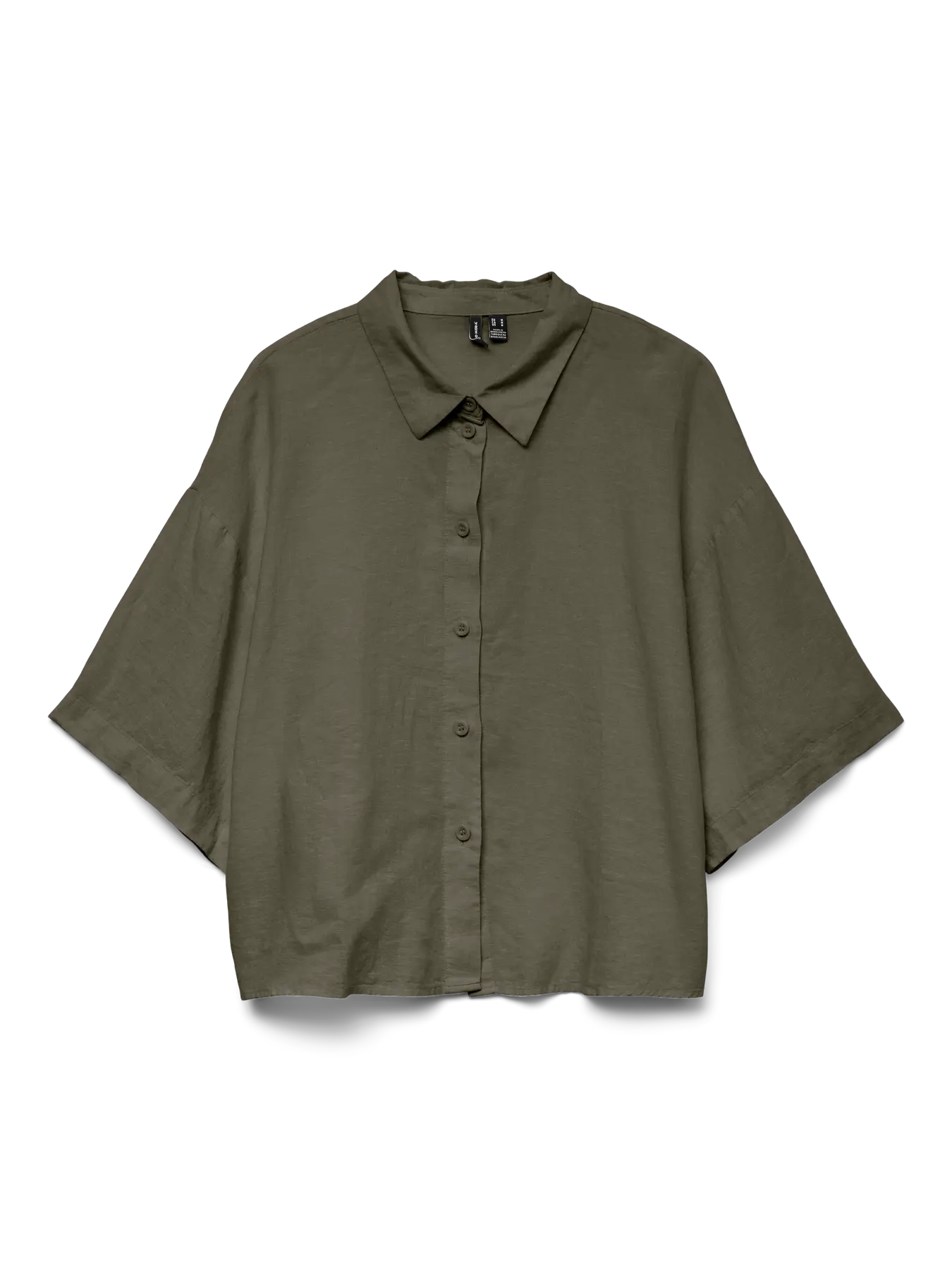 Premium boutique khaki collared blouse featuring a soft linen-blend weave, button-front closure and oversized fit for timeless minimalist fashion.