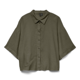 Premium boutique khaki collared blouse featuring a soft linen-blend weave, button-front closure and oversized fit for timeless minimalist fashion.