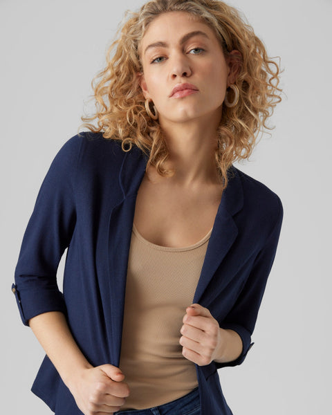 Navy open-front blazer with rolled sleeves and tailored silhouette for women.