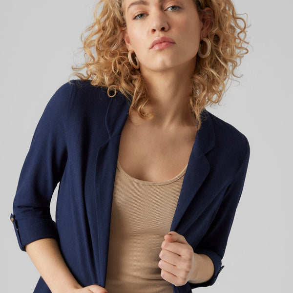 Navy open-front blazer with rolled sleeves and tailored silhouette for women.