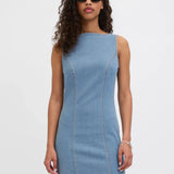 Women’s light wash denim mini dress with sleek minimalist silhouette and modern cool-girl styling.