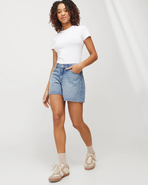 Contemporary casual look with vintage wash denim shorts and elevated basics aesthetic.