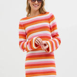 Trendy crochet-inspired striped sweater dress with bell sleeves and playful Y2K fashion vibe.