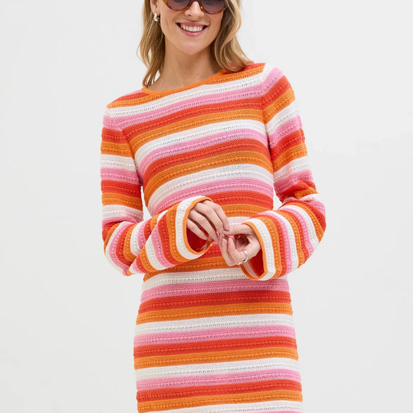 Trendy crochet-inspired striped sweater dress with bell sleeves and playful Y2K fashion vibe.