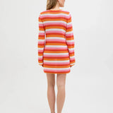 Fashion-forward striped crochet dress with 70s revival aesthetic and modern feminine silhouette