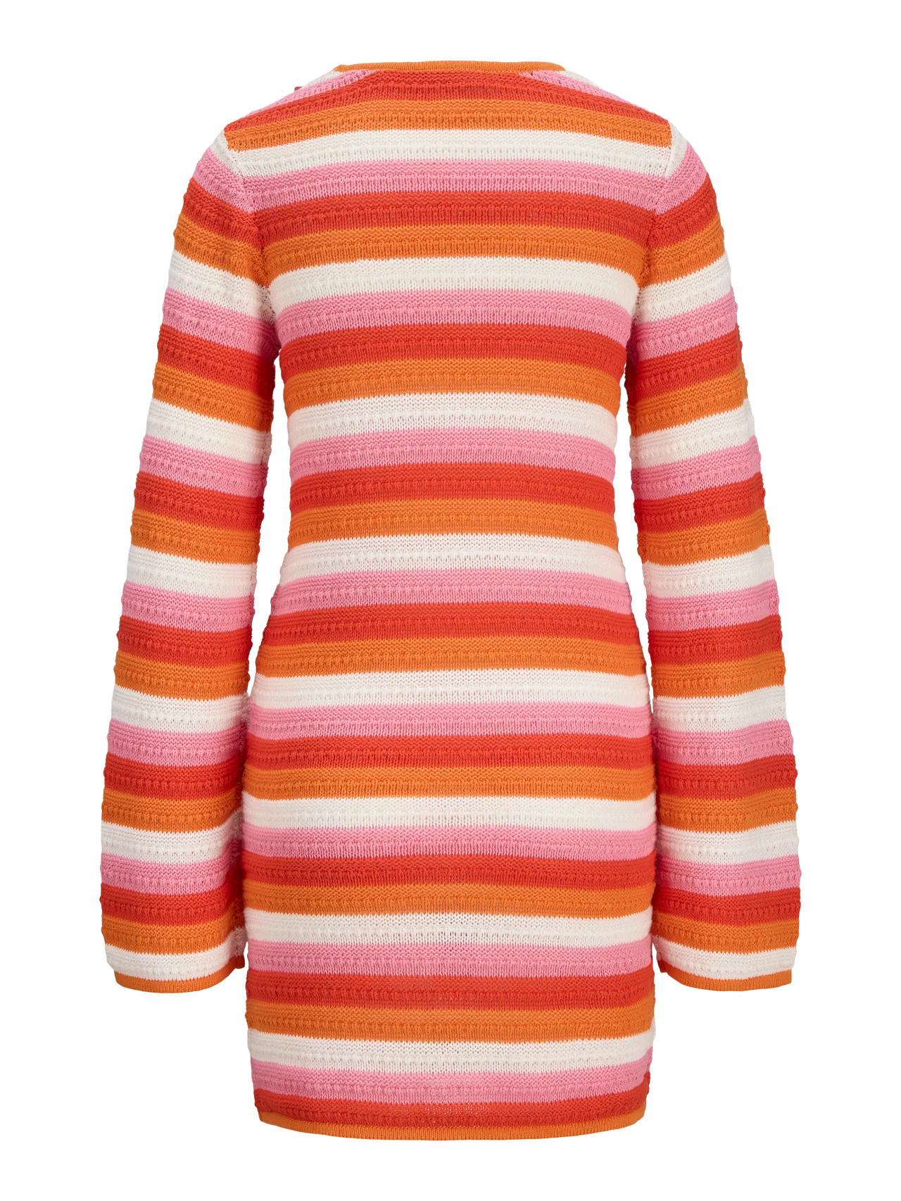 Trend-driven fitted stripe dress with artisanal crochet texture and elevated boho-chic vibe.