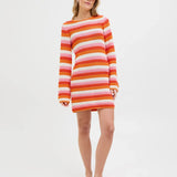 Trendy crochet-inspired striped sweater dress with bell sleeves and playful Y2K fashion vibe.