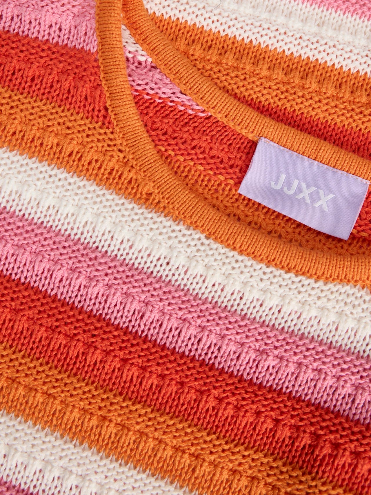 Material detail of this women’s multicolor knit dress with retro-inspired stripe pattern and cozy luxe texture.