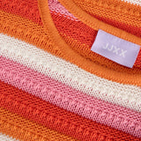 Material detail of this women’s multicolor knit dress with retro-inspired stripe pattern and cozy luxe texture.