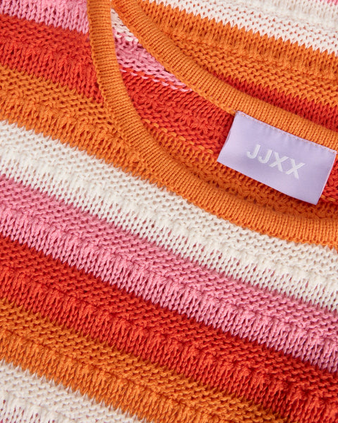 Material detail of this women’s multicolor knit dress with retro-inspired stripe pattern and cozy luxe texture.
