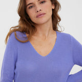 Women's lavender V-neck sweater featuring a relaxed fit and soft knit texture for everyday comfort.